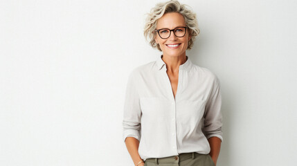 Portrait of smiling mature businesswoman in eyeglasses standing against white background. - obrazy, fototapety, plakaty