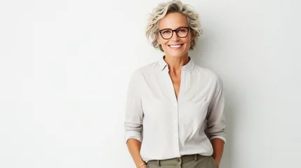 Foto op Aluminium Portrait of smiling mature businesswoman in eyeglasses standing against white background. © Synthetica