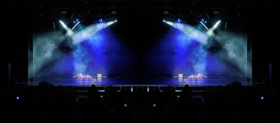 stage light with colored spotlights and smoke, concert and theatre scene 