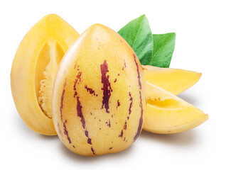 Pepino melon or pepino dulce and sliced fruit isolated on white background. Clipping path.