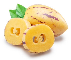 Pepino melon or pepino dulce and sliced fruit isolated on white background. File contains clipping paths.