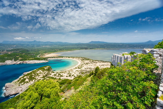 Voidokilia beach, Greece. View from Navarino fortress