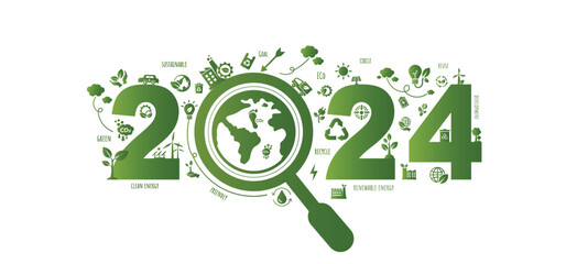 2024 New year, Eco friendly, Sustainability planning concept with globe and World environmental green doodle icons drawing set on white background ,Vector illustration