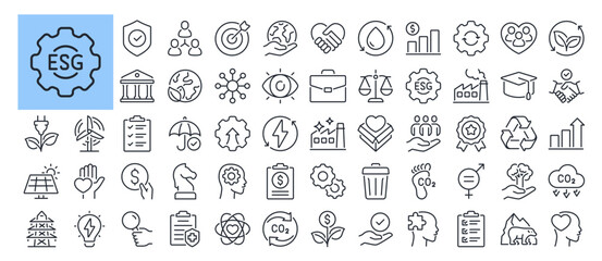 ESG Environmental Social Governance concept editable stroke outline icons set isolated on white background flat vector illustration. Pixel perfect. 64 x 64.