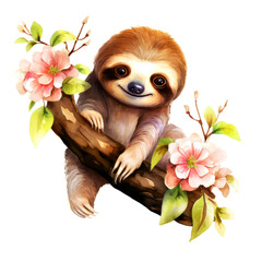 Cute Sloth on branch with Flower Watercolor Clipart on Transparent Background
