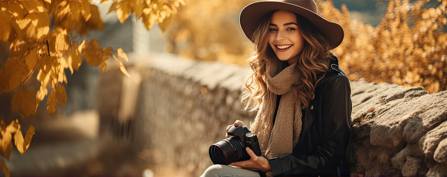 Beautiful woman photographer against autumn background. copy space for text.