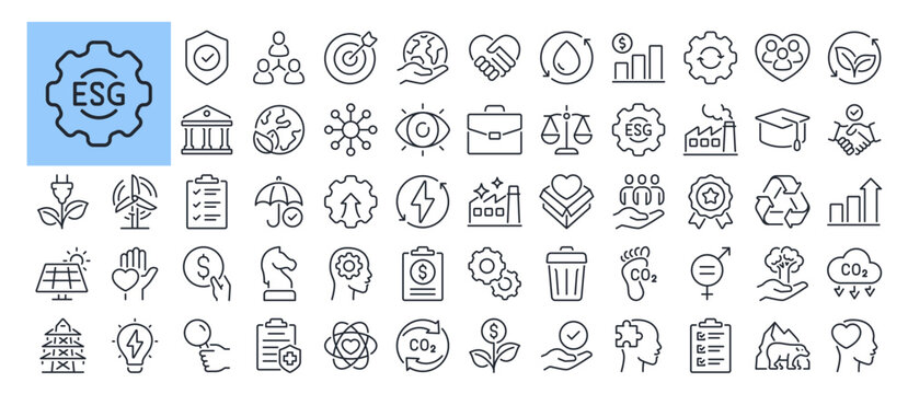 ESG Environmental Social Governance Concept Editable Stroke Outline Icons Set Isolated On White Background Flat Vector Illustration. Pixel Perfect. 64 X 64.