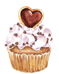 Valentine's Day Cupcakes. Watercolor illustration of a cupcake with heart-shaped cookies
