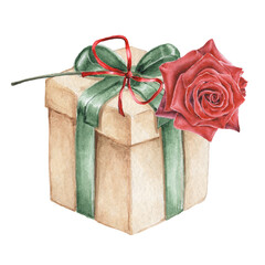 Gift box with a red rose. Watercolor illustration for the day valentines day, birthday, wedding