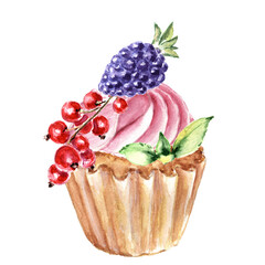 Cupcake with cream and blackberries and red currants. Watercolor illustration for cafe menu