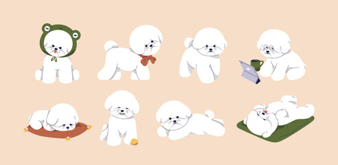 Cute baby dog of Bichon Frise breed. Funny fluffy fuzzy puppy set. Canine animals activities. Toy doggy, little curly pup pet playing, sleeping, lying, walking. Isolated flat vector illustrations