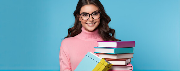 Girl with glasses and school books on color background. copy space for text. - obrazy, fototapety, plakaty