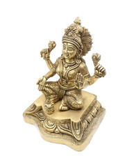 handcrafted brass of goddess lakshmi of hindu religion stitting with multiple arms, symbol of wealth and prosperity isolated 