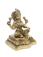 handcrafted brass idol of hindu goddess laxmi stitting with multiple arms, symbol of wealth and prosperity isolated in a white background
