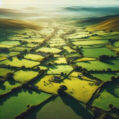 Aerial view of endless lush pastures and farmlands of Ireland. Beautiful Irish countryside with emerald green fields and meadows. Rural landscape on sunset