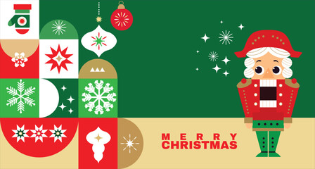 Merry Christmas and Happy New Year 2024  holiday template design banner,  Christmas tree, nutcracker, Santa Claus, Gifts,  ball toy, snowflake   Modern Xmas flat cartoon cute vector illustration