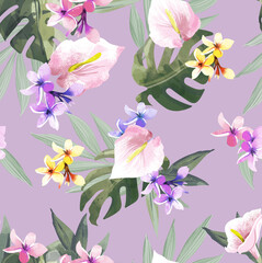 Seamless pattern Exotic   wallpaper of tropical flowers  green leaves of palm trees and flowers calla , artwork for fabrics, souvenirs, packaging, greeting cards 