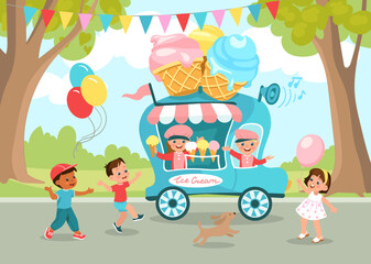 Obraz na płótnie Canvas Ice cream truck in park. Cute kids buy cold sweets. Street food kiosk in city. Happy children walk outdoor. Sellers at counter. Takeaway cafe. Refreshing dessert. Splendid vector concept