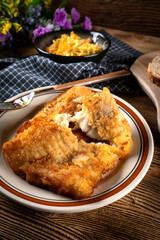 Fried cod fillet.