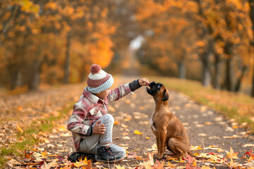 kleiner Junge übt mit Hund im Park