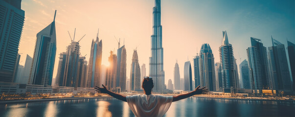 Rear view of woman with raised hands with big city in backgrounds. - obrazy, fototapety, plakaty