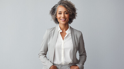Portrait of a smiling middle aged african american businesswoman standing over gray background.