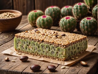 Sweet treat, pie, sweetness with cactus on wooden table
