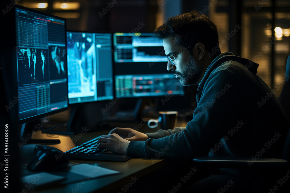 Poster a man at a computer against the backdrop of stock quotes.