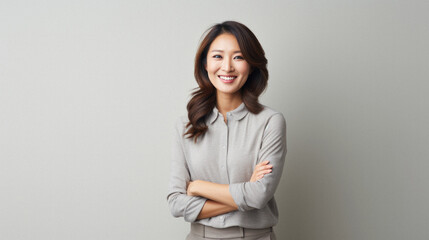 Obrazy na Plexi  Confident asian business woman with arms crossed standing on grey background, asian.