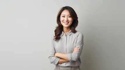 Foto op Canvas Confident asian business woman with arms crossed standing on grey background, asian. © Synthetica