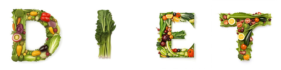 On a white isolated background from the fruit and vegetable alphabet the inscription - Diet