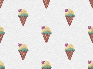 Seamless pattern Collection ice cream cartoon with watercolor spots in hand drawn waffle cones. on white background.
