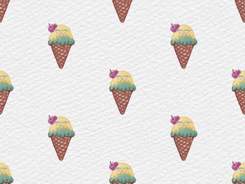 Seamless pattern Collection ice cream cartoon with watercolor spots in hand drawn waffle cones. on white background.