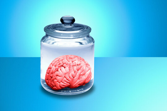 Human brain in glass jar, illustration
