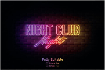 Vector neon effect light night party editable text effect and night club logo for neon text effect	