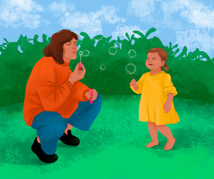 Mother and daughter playing with bubble wand, illustration