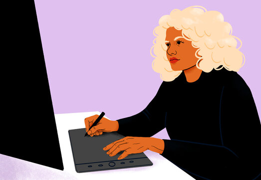 Woman using graphics tablet, illustration