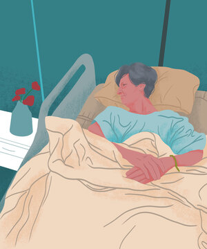 Woman in a hospital bed, illustration