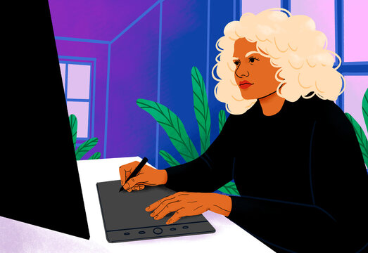 Woman using graphics tablet, illustration