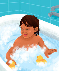 Child playing with rubber ducks in bath, illustration