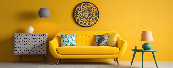 Modern living room design and yellow sofa on yellow background