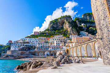 Atrani, Italy, 29 october 2023 - Beach and seafront of Atrani at the Amalfi coast in Italy