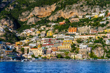 Fototapeta na wymiar Postiano Italy, 29 october 2023 - Part The town Positano on the Amalfi coast seen from a distance