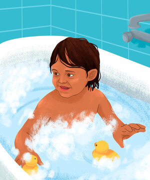 Child playing with rubber ducks in bath, illustration