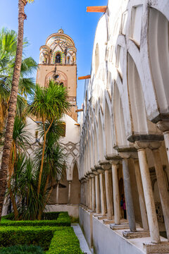 Amalfi, Italy, 29 october 2023 - Basilica of Amalfi seen from the Chiostro del Paradiso (Cloister of Paradise)