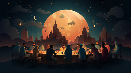 illustrating a diverse group of people sharing the iftar meal under a crescent moon