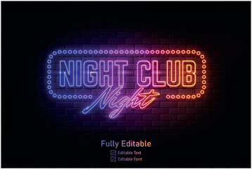 Vector neon effect light night party editable text effect and night club logo for neon text effect	