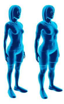 Hologram-style image depicting a slender girl juxtaposed with her robust, fit body after adopting a nutritious diet and engaging in sports, three quarter camera, PNG