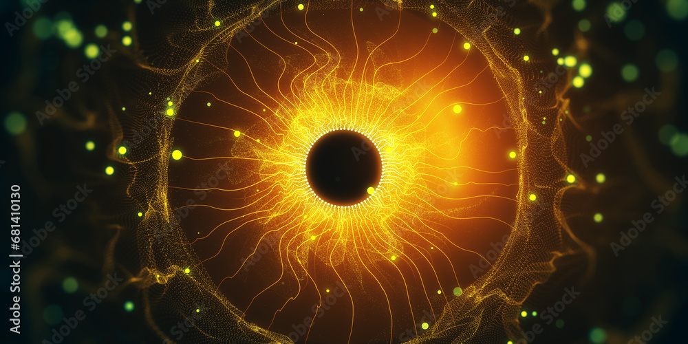 Aufkleber Illustration of a neural network with glowing nodes and a golden black hole. AI and science concept. 3D Rendering