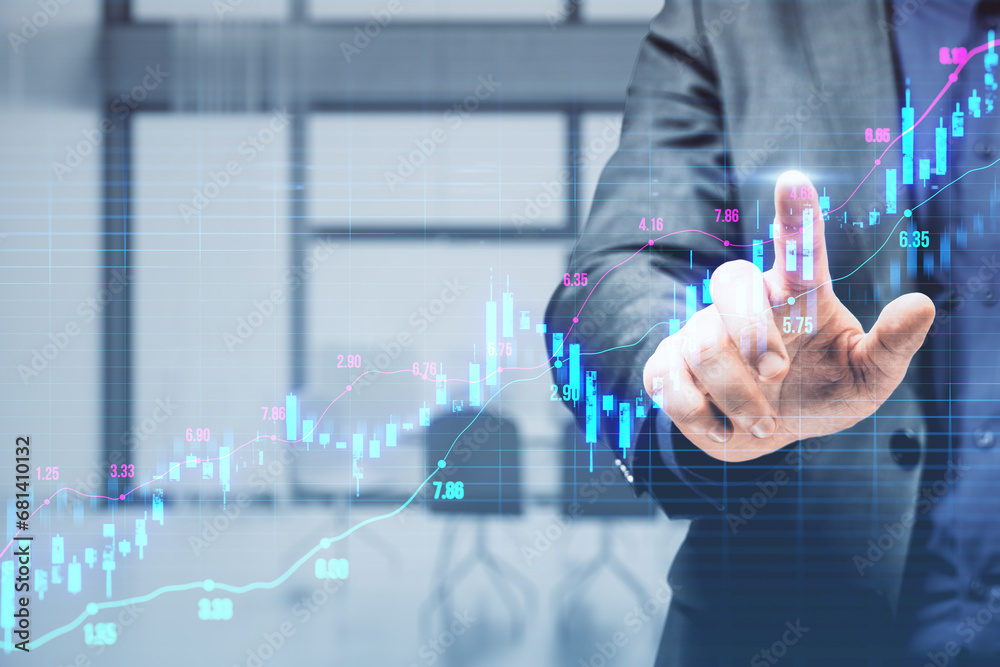 Poster close up of man hand pointing at glowing upward candlestick forex chart on blurry grid office interi